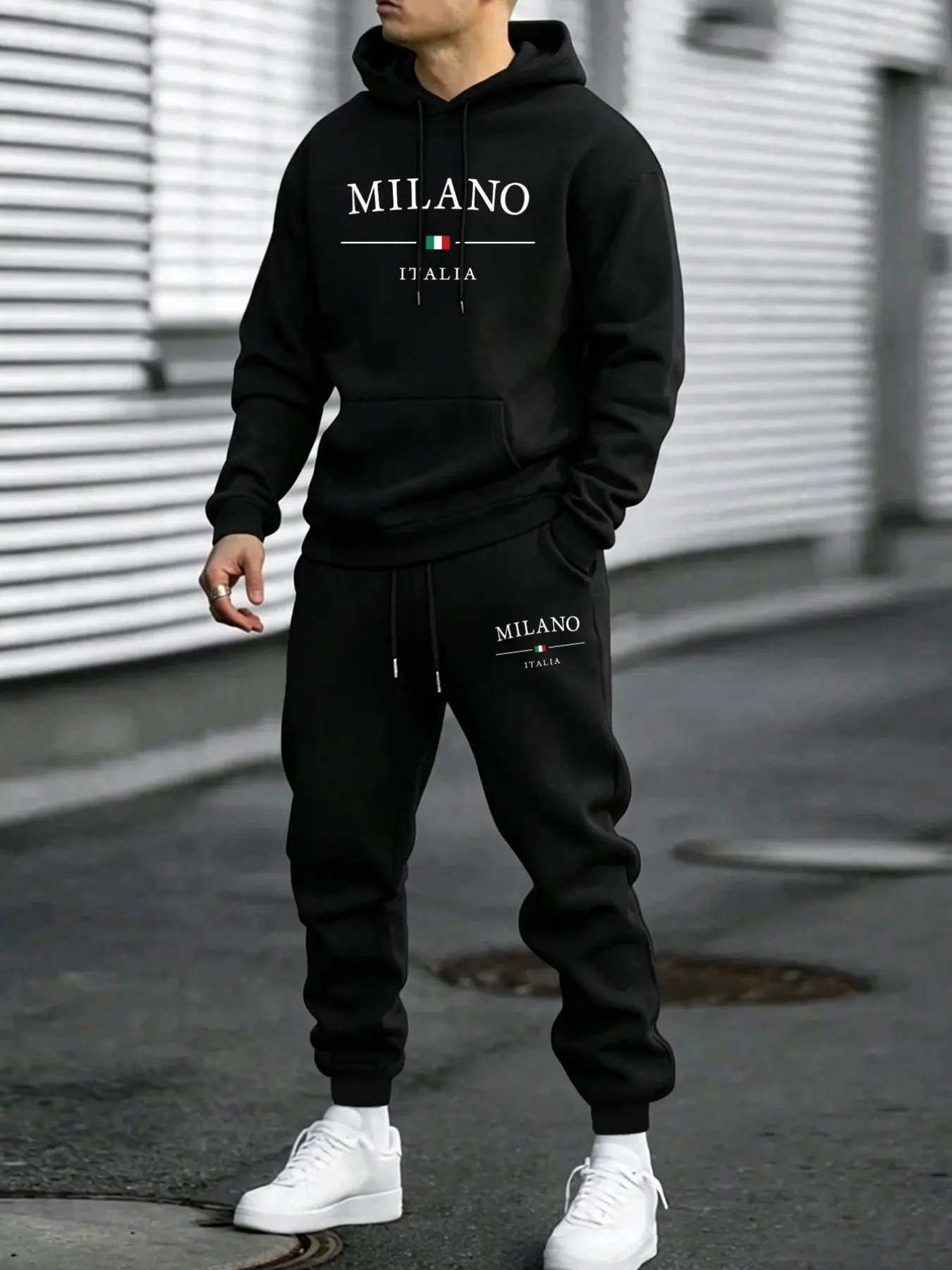Men's 2-Piece Tracksuit, Drawstring Pullover Hoodie With Kangaroo Pockets Matched With Cuffed Sweatpants, Printed With Milan Italy Lettering & Flag Graphics, Minimalist European City Style Active Set, Ideal For Men's Daily Casual & Travel Outfits