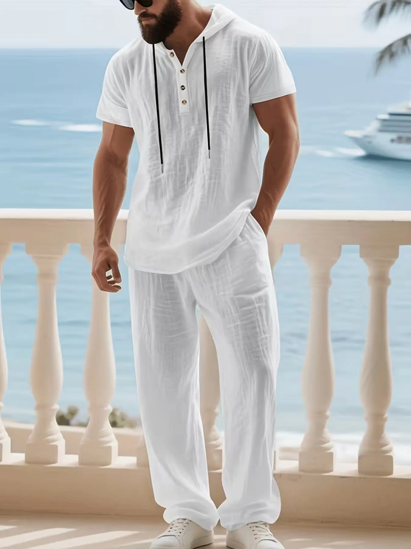 2026 Summer Bestseller, Linen Slim Fit Short Sleeve Casual Set for Men, Clothes, Hooded T-Shirt + Long Pants Two-Piece Set, Beach/daily/sport Wear