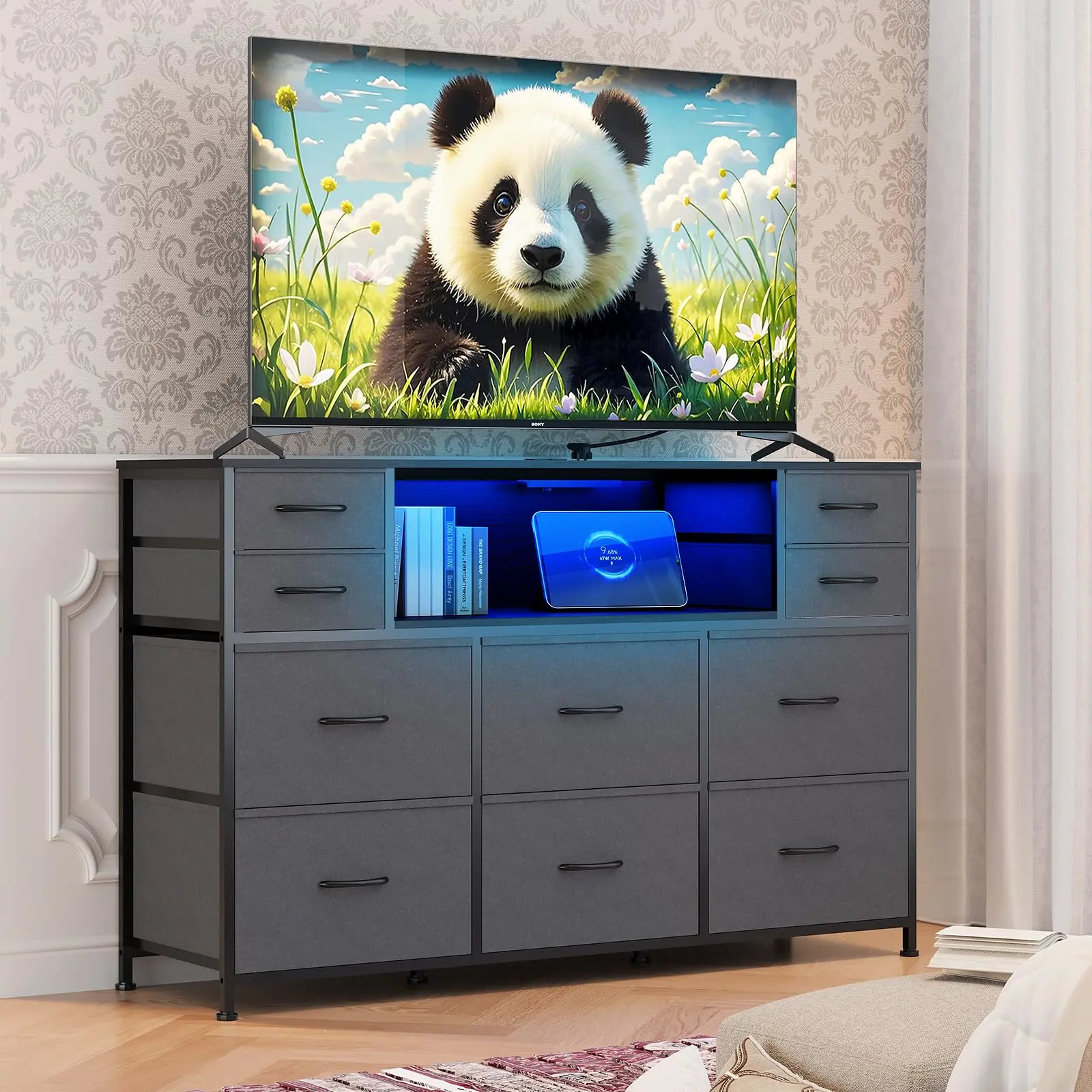 YJ-Garvee 10 Drawer Dresser with LED Lights and Charging Station, Wooden Top, Open Shelves, Sturdy Storage Cabinet for Bedroom, Living Room, Hallway, Fits 40-55 Inch Screens, Available in Dark Gray, Rustic Brown, White