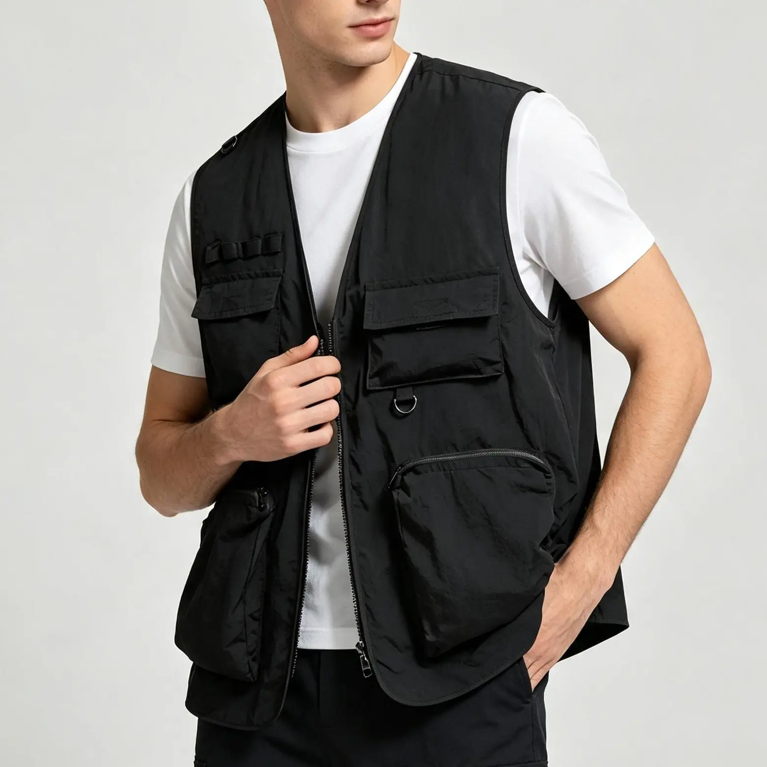Men's multi functional work jacket, multi-pocket sleeveless zipper outdoor vest, available in various colors, suitable for trendy street wear of young and fashionable boys