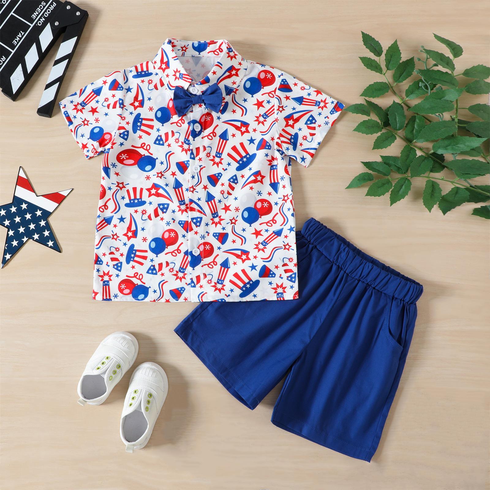 Toddler Baby Boy 4th of July Summer Outfit US Flag/Hat Print Short Sleeve Button Down Shirt and Blue Casual Shorts Set Patriotic Clothes Toddler Baby Boy 4th of July Summer Outfit US Flag/Hat Print Short Sleeve Button Down Shirt and Blue Casual Shorts Set Patriotic Clothes