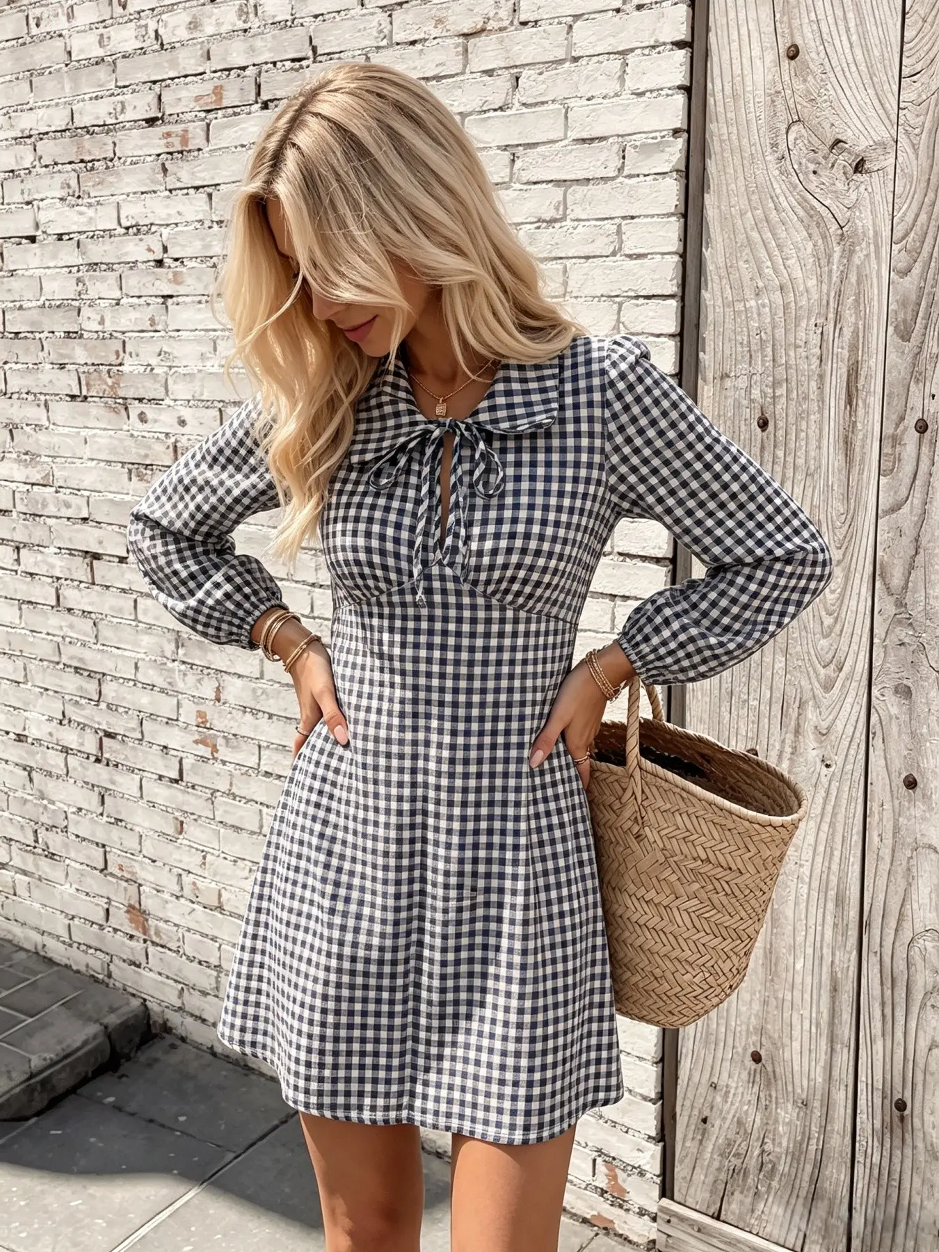 Navy Blue Gingham Mini Dress Bow Peter Pan Collar Puff Long Sleeve A Line Fall Vacation Sundress Women Vintage Plaid Collared Dress Front Tie Keyhole Long Sleeve Casual Travel Outfit Preppy Gingham Bow Collar Long Sleeve Mini Dress Back Zipper Flowy