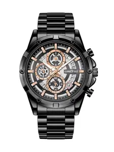 Trendy Men's Watch, Stainless Steel Strap, Hollow Three-Eye Design, Roman Numerals, Analog Quartz, Luxury Round Watch for Casual and Formal Occasions