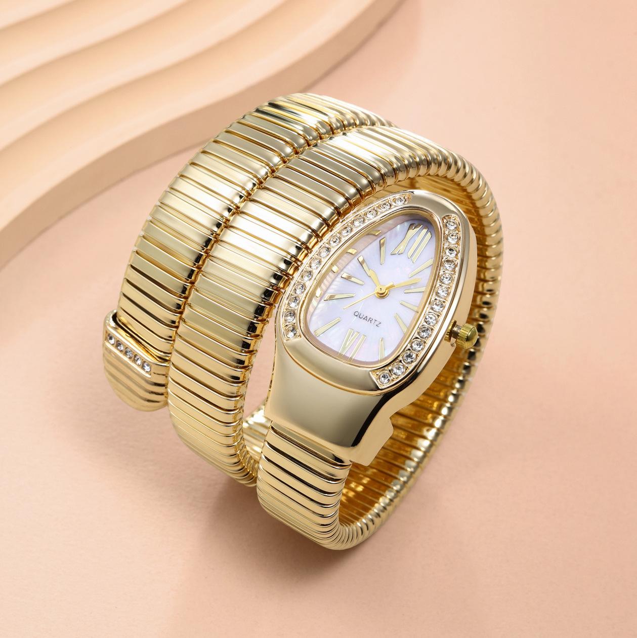 Women's Luxury Gold Snake Bangle Quartz Watch - Wrap Around Wristwatch with Crystal Diamond Bezel, Mother of Pearl Dial, Roman Numerals, Elegant Retro Statement Timepiece, Perfect Gift for Her