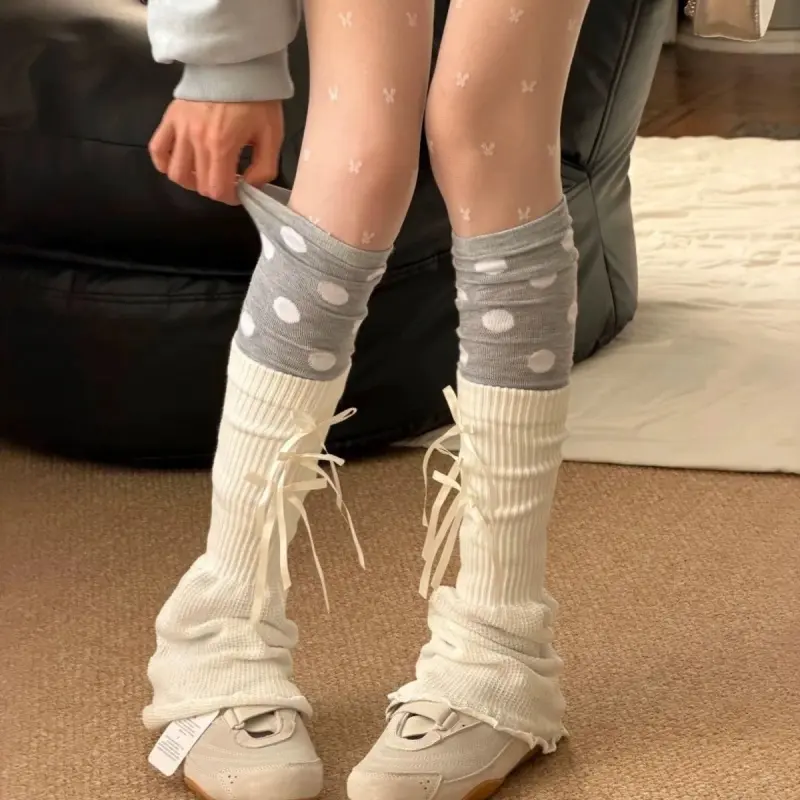Women Bow Decor Flared Leg Warmers Two Piece Set White Stacked Sock Covers Y2K Miu Style Streetwear