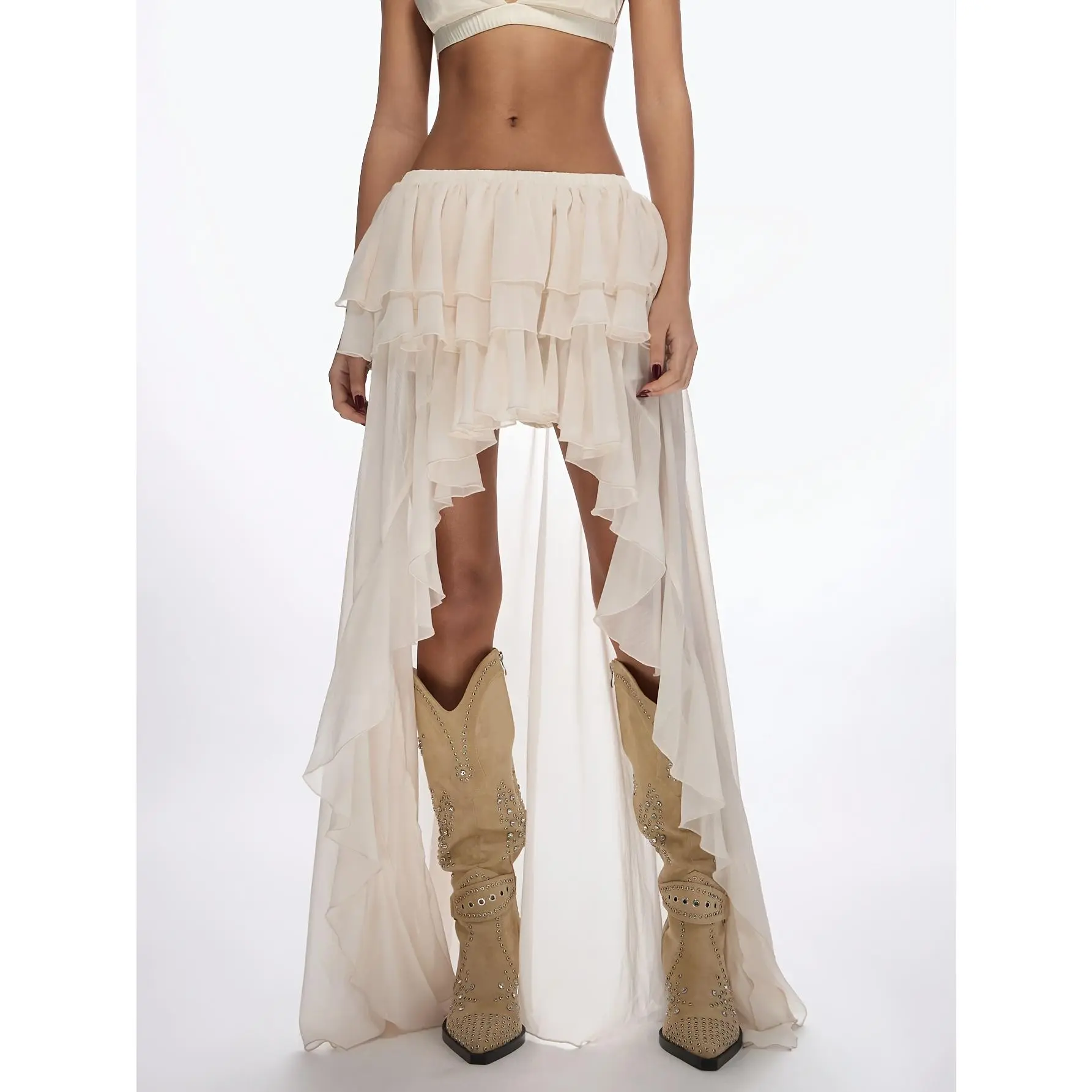 Women's Chic Solid Knit Polyester Ruffled Waterfall-Tiered Midi Skirt - Lace Outer Layer, Built-In Pants Lining for Excellent Coverage, Comfortable Elegant Style for Daily & Evening Looks, Fabric, Bottom, Ruffle Skirts, Lady