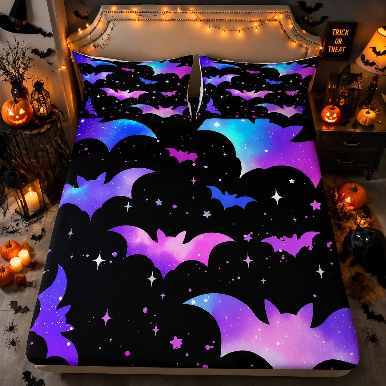 Base Starry Sky Gradient Bat Star Print Three-Piece Bed Sheet Set, Halloween Dreamy Blue Microfiber, 2 Pillowcases, Teen Dorm Room Decor