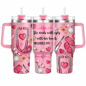 Hospital Shift 40oz Insulated Water Tumbler with Handle and Straw, Proverbs 31:13 Christian Nurse Stainless Steel Travel Cup, Cup Holder Friendly All-Day Hydration Cup for Work and Commute