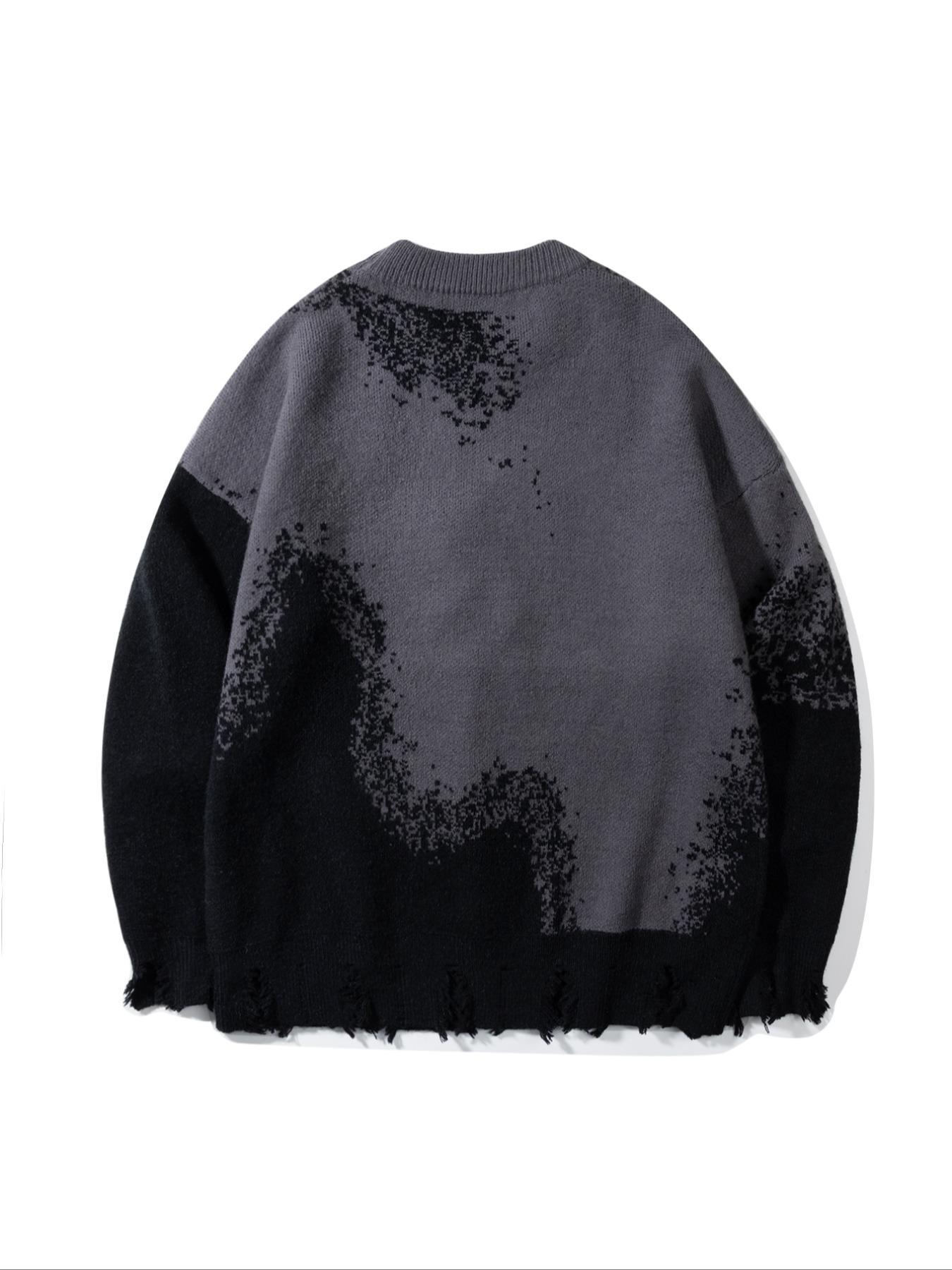 Men's Letter & Figure Pattern Ripped Design Acrylic Sweater, Loose Casual Drop Shoulder Long Sleeve Round Neck Jumper for Spring & Fall, Fashion Men's Knitwear for Daily Wear