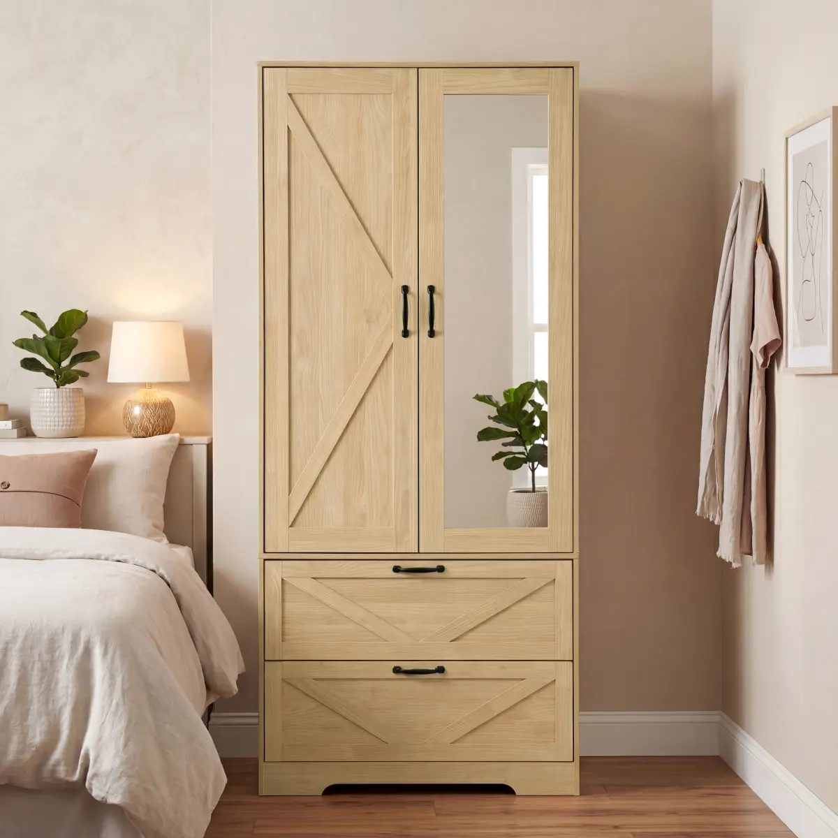Aobtkel2 Door Wood Wardrobe for Bedroom with Hanging Clothing Rod inside the Cabinet and 2 Drawers for Storage Organization, Built-in induction light Multifunctional Closet with Mirror, Natural