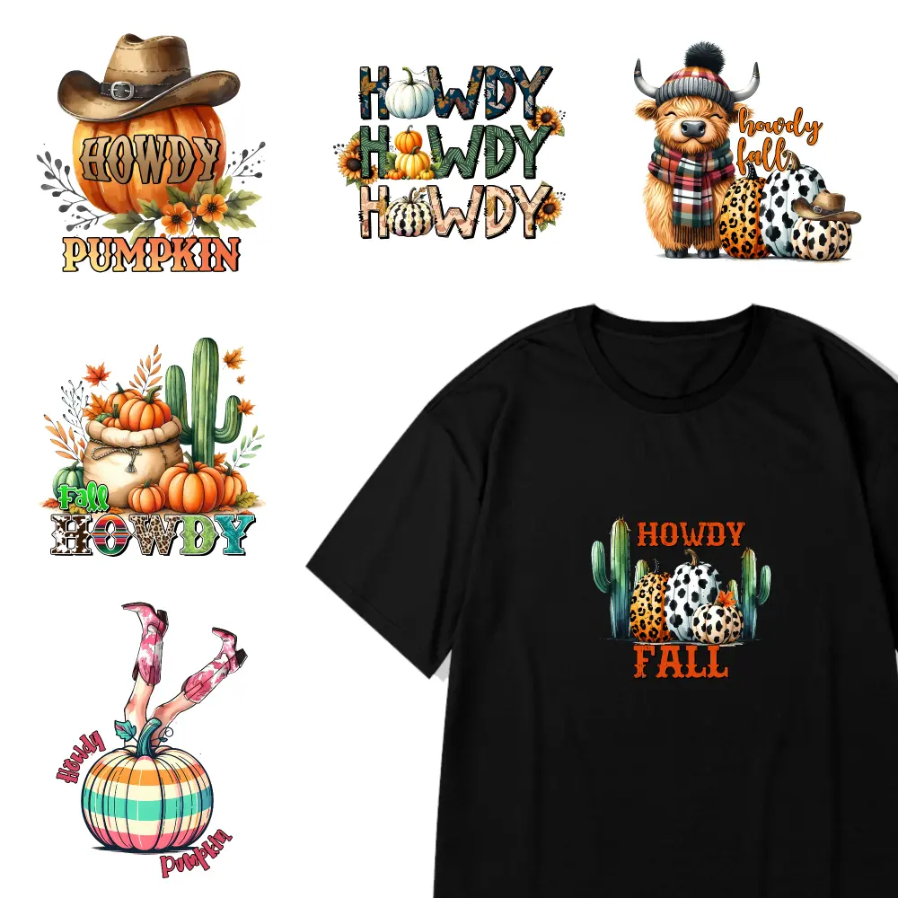 6 Pcs Howdy Fall Iron on Transfers casual style. for clothing, T-shirts, jeans, backpacks, hats, pillows. for Clothing T-Shirt Jeans Applications Press Washable Stickers Iron on Decals for T Shirts Iron On Transfer Patches