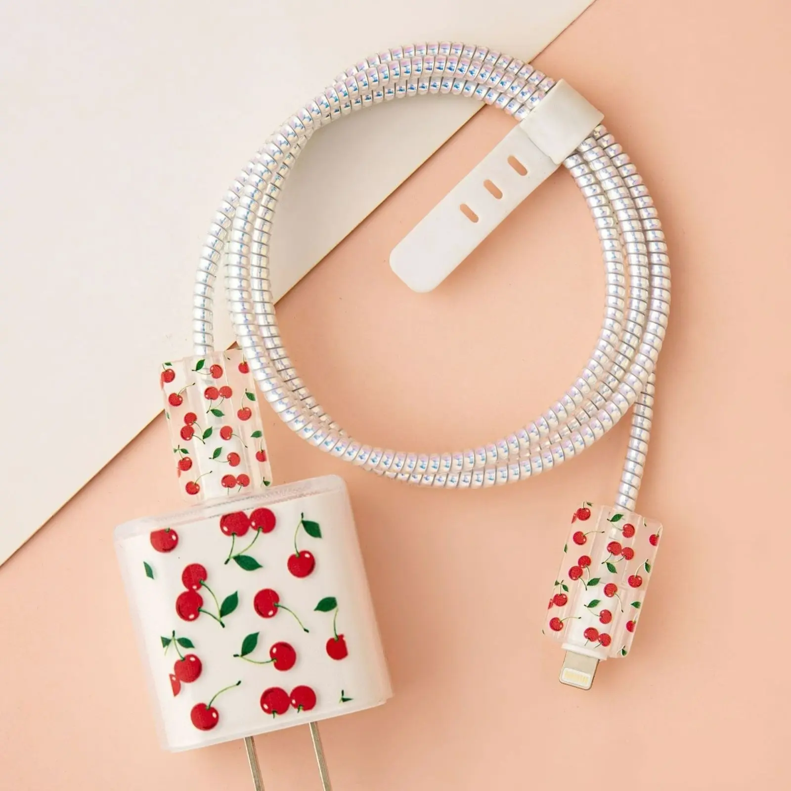 Vibrant Cherry Print Transparent Matte Charger Case Set, Rainbow Spiral Anti-Tangle Cable Sleeve, iPhone PD Fast Charging Accessories Kit