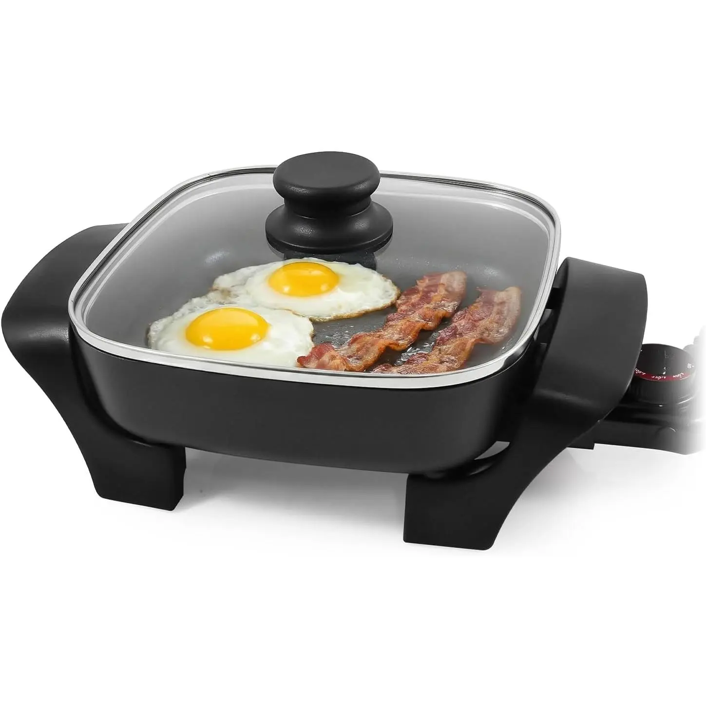 Electric Skillet 8"x8" Non-Stick Coating, Tempered Glass Lid, Removable Thermostat 200 ° F–400 ° F, Dishwasher Safe, 600W Compact 2.5-Qt Capacity for Eggs, Bacon & One-Pot Meals, Black