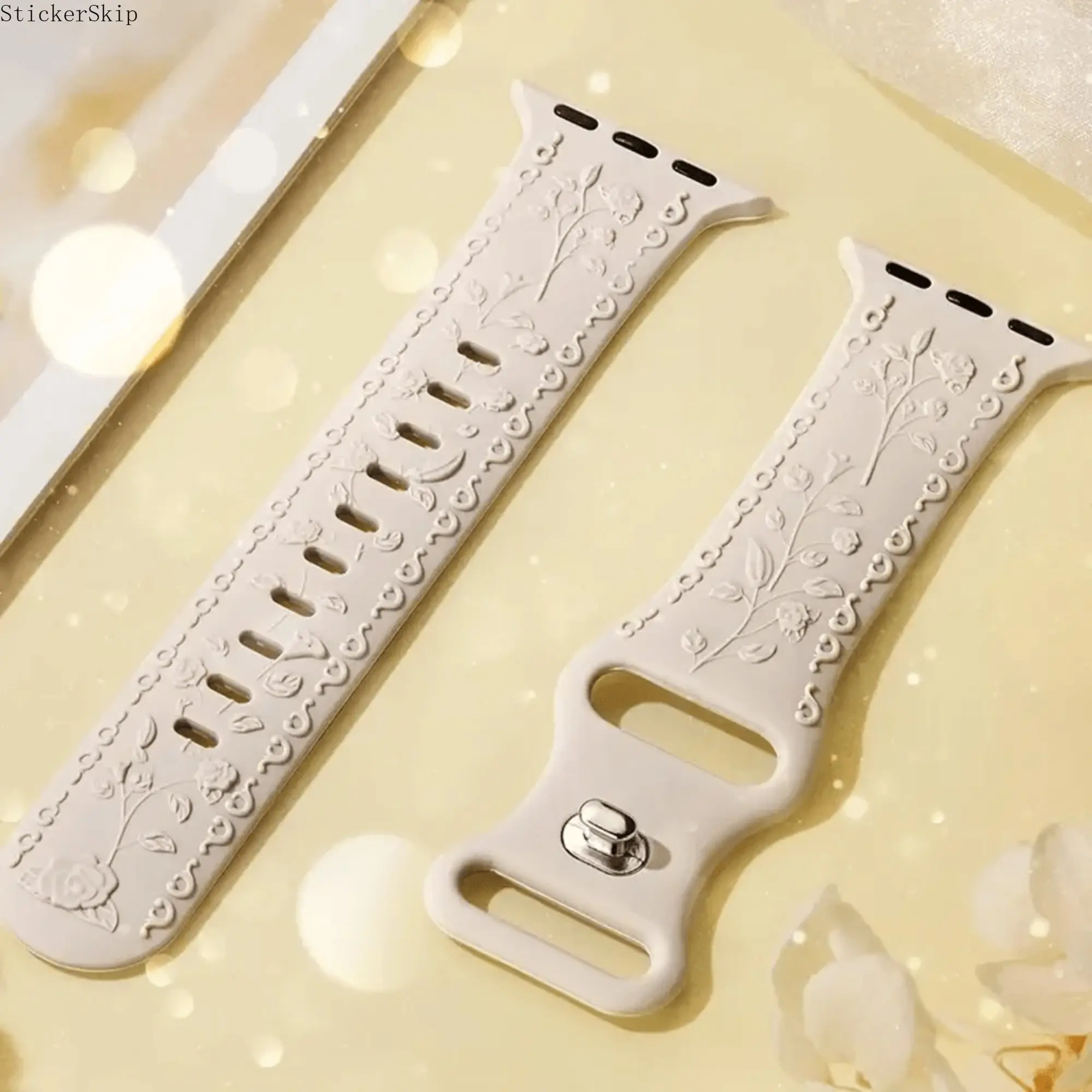 Engraved Floral Silicone Apple Watch Band for Women & Men, Soft Breathable Elegant Replacement Wrist Strap, Compatible with Apple Watch Ultra SE Series 1‑10 38/40/41/42/44/45/46/49mm, Accessory for Daily Casual Outfits (Band Only)