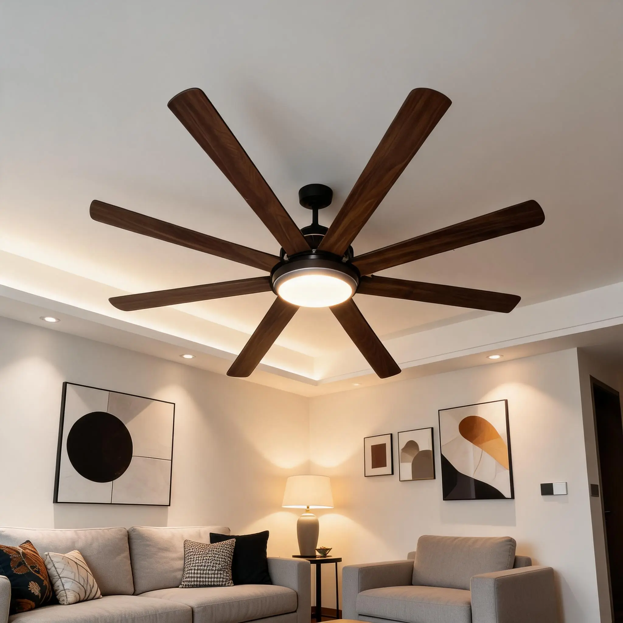 72 Inch Modern Ceiling Fan with Lights and Remote, Dimmable LED Light Kit, 8 Wood Blades, Reversible DC Motor, 6 Speed Settings, Tri-Color Adjustable, Indoor Ceiling Fan for Living Room Bedroom, Black and Dark Brown