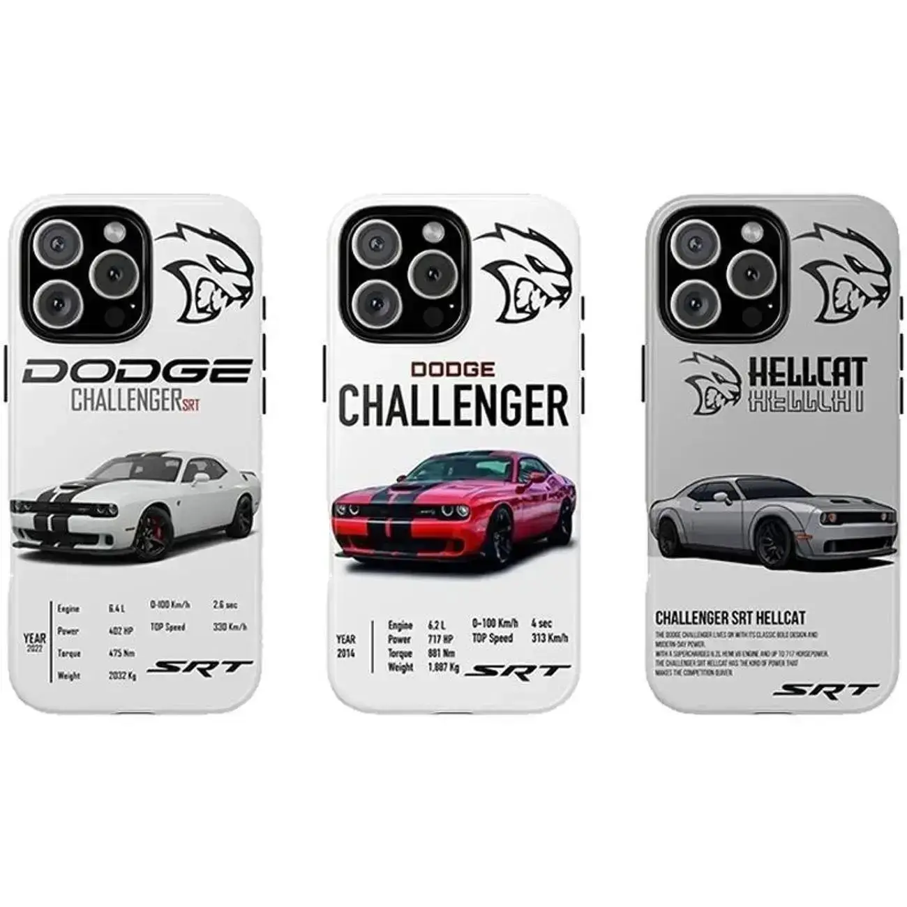 Muscle Car Automotive Enthusiast Racing Fan Graphic Dodge Challenger SRT Hellcat Art Tough Phone Case. Edgy Speed Aesthetic Rugged Shockproof Protective Cover Suitable for iPhone 17-11 Pro Max/Plus and  Samsung Galaxy S23-25