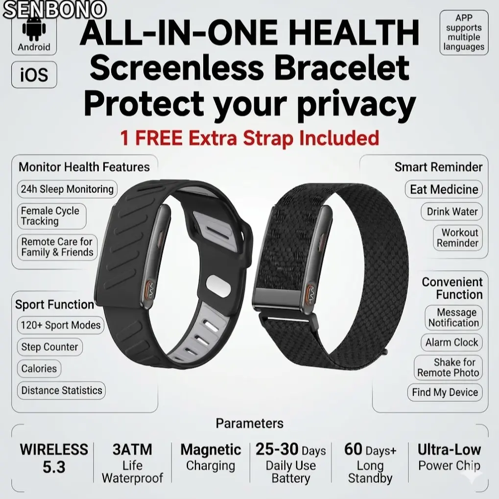 SENBONO  Smart Watch Screenless  | Men & Women Universal | Fitness Wearable | Health Monitor + Remote Care + 120+ Sports Modes + Remote Camera | Long Lasting Battery | Works with iPhone & Android | Bonus Replacement Strap，Protect your privacy.