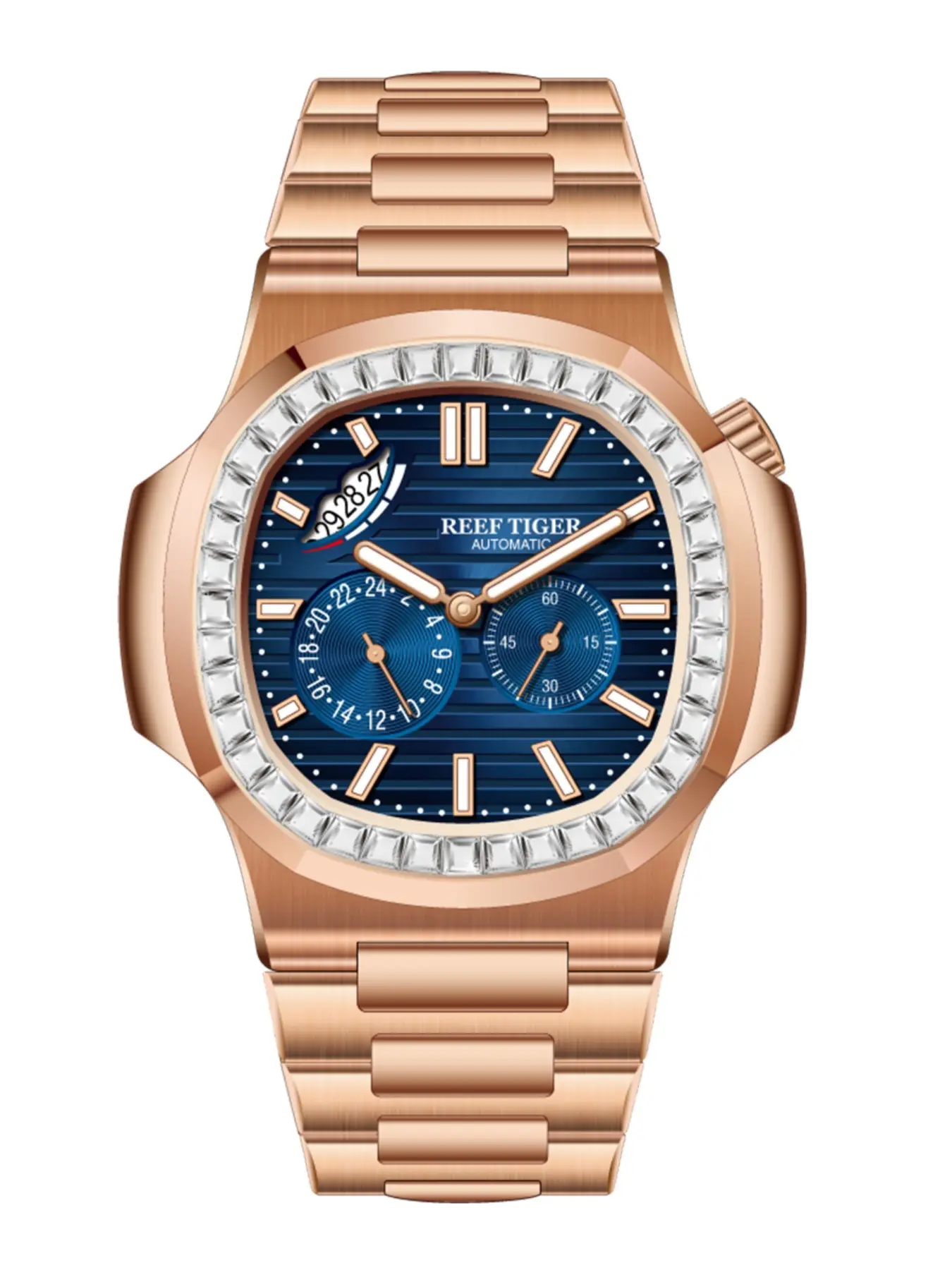 Reef Tiger Men's Fashion Square Watch, Sapphire Crystal, Rose Gold, Calendar, 24-Hour, Automatic Mechanical, Waterproof Steel Band