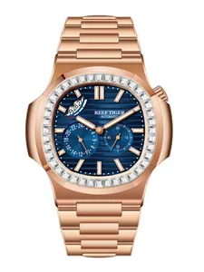Reef Tiger Men's Fashion Square Watch, Sapphire Crystal, Rose Gold, Calendar, 24-Hour, Automatic Mechanical, Waterproof Steel Band