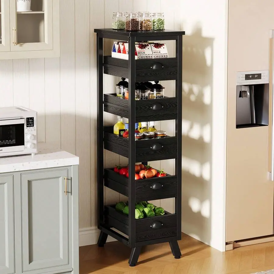 5-Tier Wood Fruit And Vegetable Storage Rack, Narrow Stand Fruit Stand, Pull-Out Utility Organizer Or Living Room, Black
