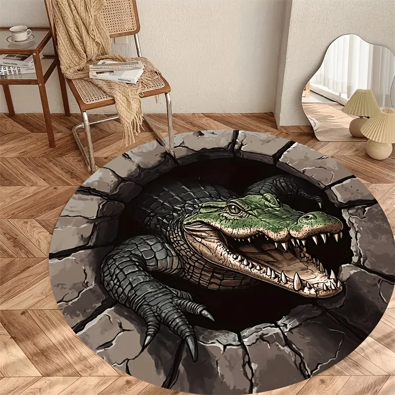 2D Flat Printing: A Round Rug Featuring a Powerful Crocodile Breaking Through a Wall, Made from Luxurious Flannel. Suitable for High-traffic Areas Such as Study Areas, Dining Rooms, Homes, Offices, Patios, and Garages. Makes a Cool Gift