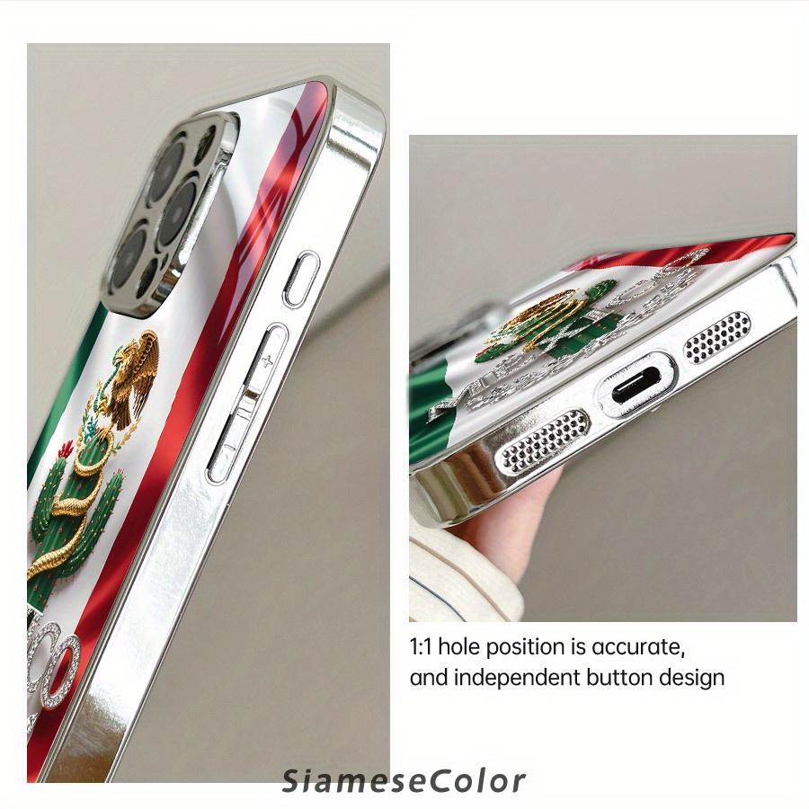 Exquisite 2D Pattern Mexican Flag Diamond Badge Glass Phone Case, Suitable for iPhone 17 16, 15, 14, 13, 12, 11 Plus Pro Max