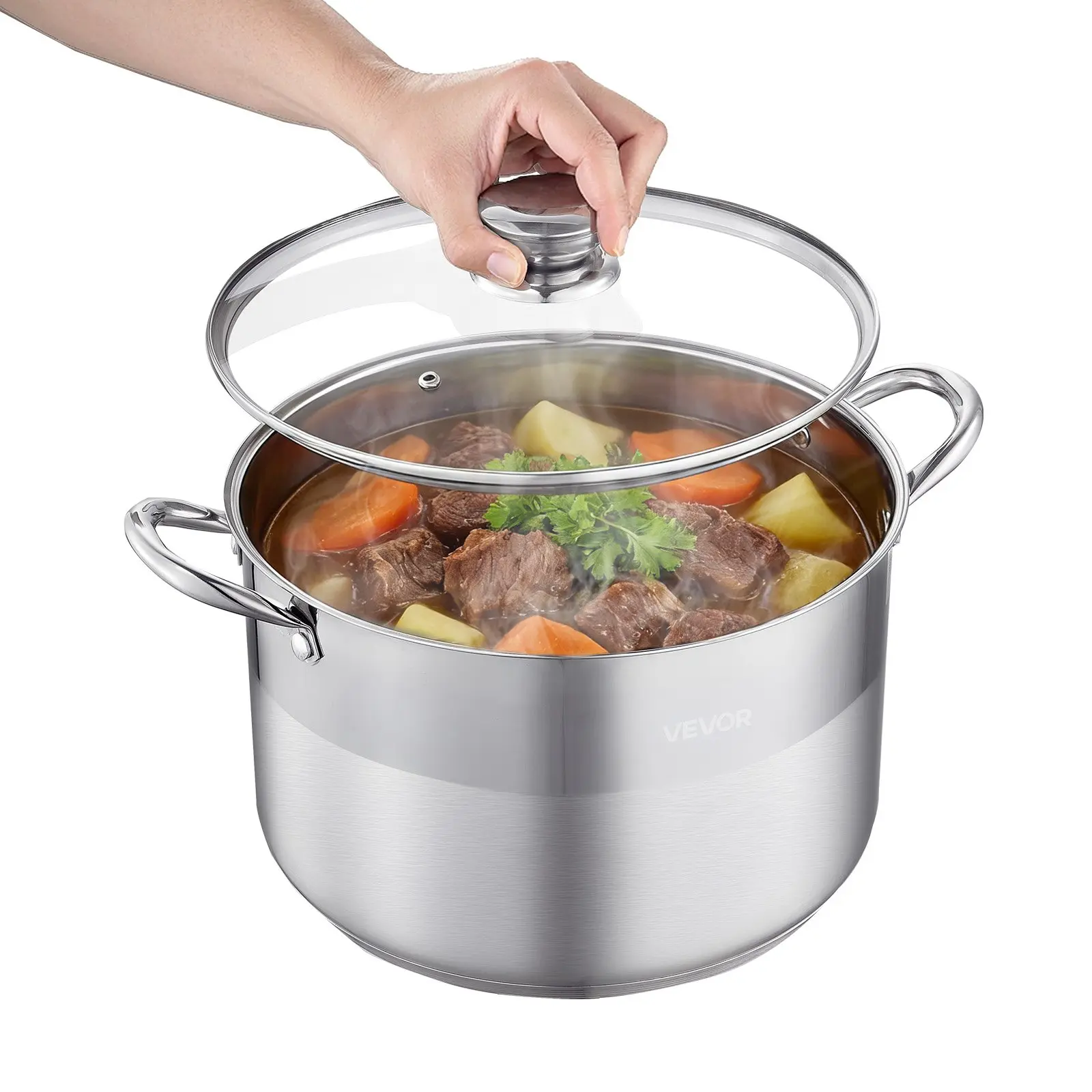 【toolupgrade】VEVOR 12-Quart Stainless Steel Stock Pot Cookware with Glass Lid, PFOA-Free, PFAS-Free, Compatible with Gas, Induction & Electric Stoves, for Soups, Stews