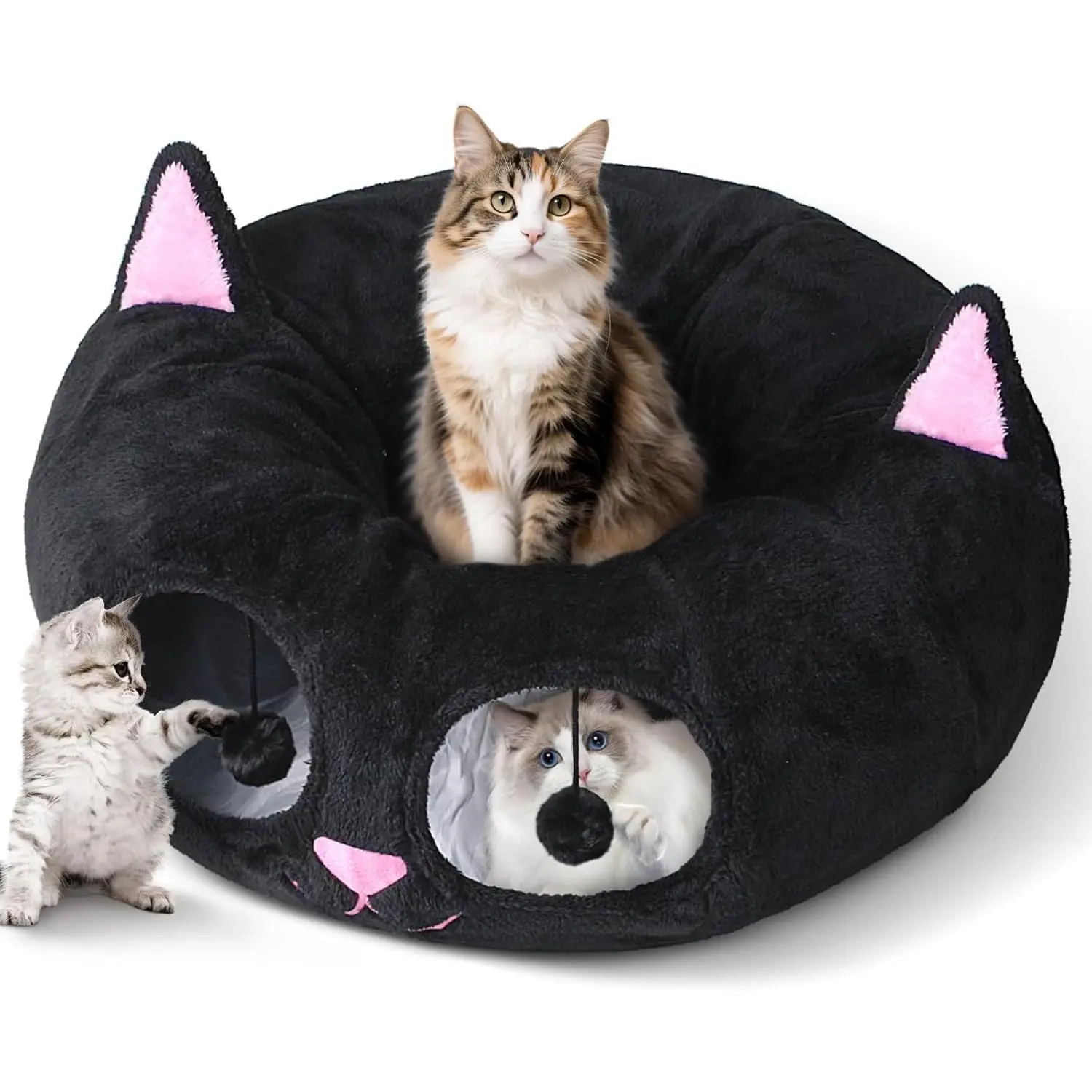 Cat Tunnel Bed for Indoor Cats, Peekaboo Cat Cave with Washable Soft Play Mat, Furry Cat Tube, for Kitten/Puppy/Rabbit, Kitten Series Black Pink