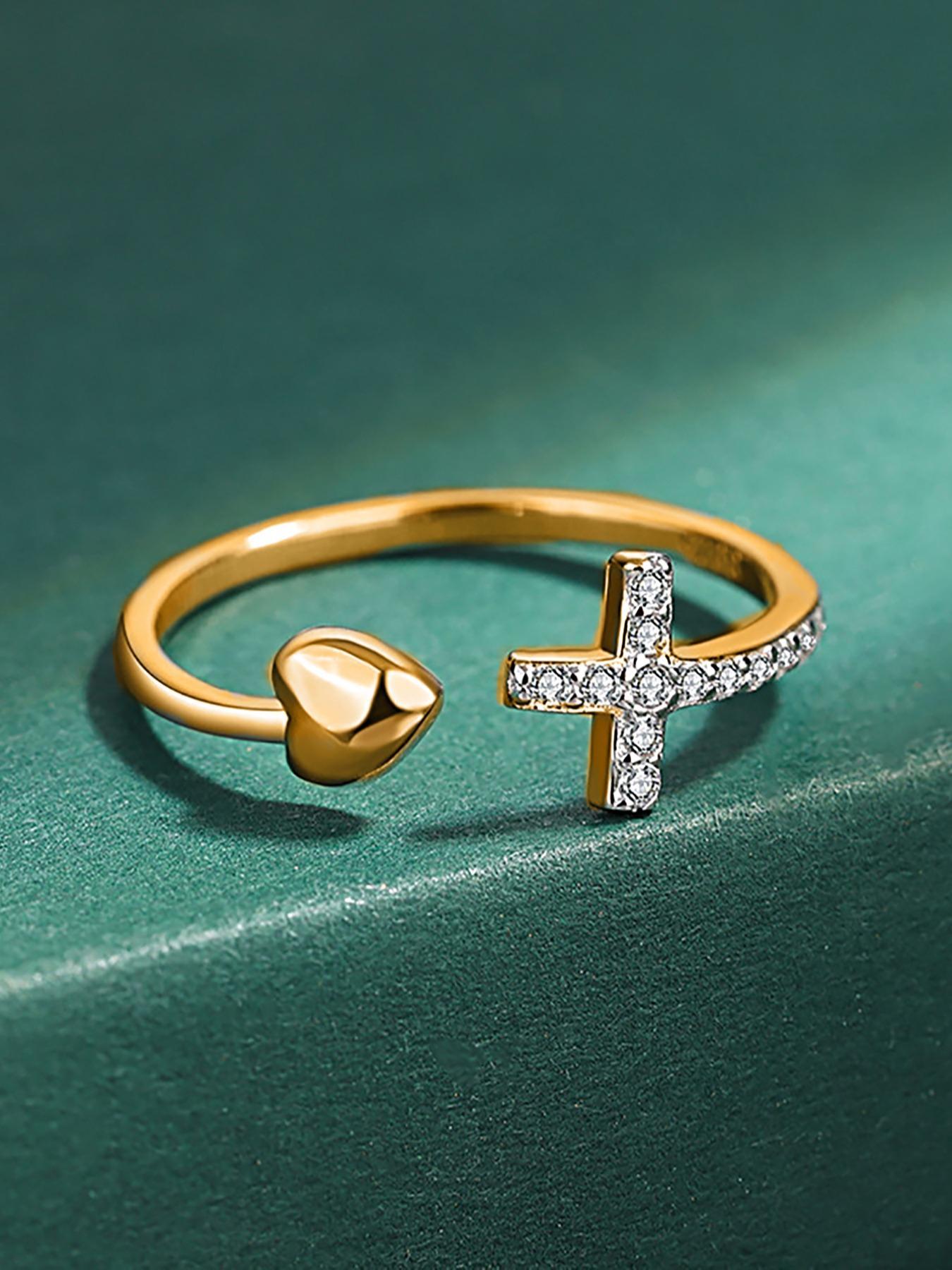 S925 Sterling Silver Cross & Heart Design Cuff Ring, Adjustable Christian Religious Ring, Inspirational Jewelry Gifts for Ladies, Fashion To Enhance Your Faith Purity Ring, Elegant Ring