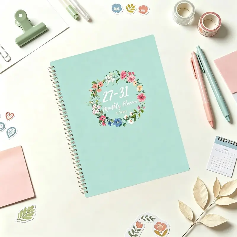 2027-2031 Monthly Planner/Calendar - January 2027 to December 2031, 5-Year Monthly Planner Journal, Mint Green and Colorful Wreath Cover Design Notebook, Yearly Calendar Planning, Monthly Tabs, 60-Month Calendar, 5.5 x 8.3 Inches Thick Paper, Elastic Cove