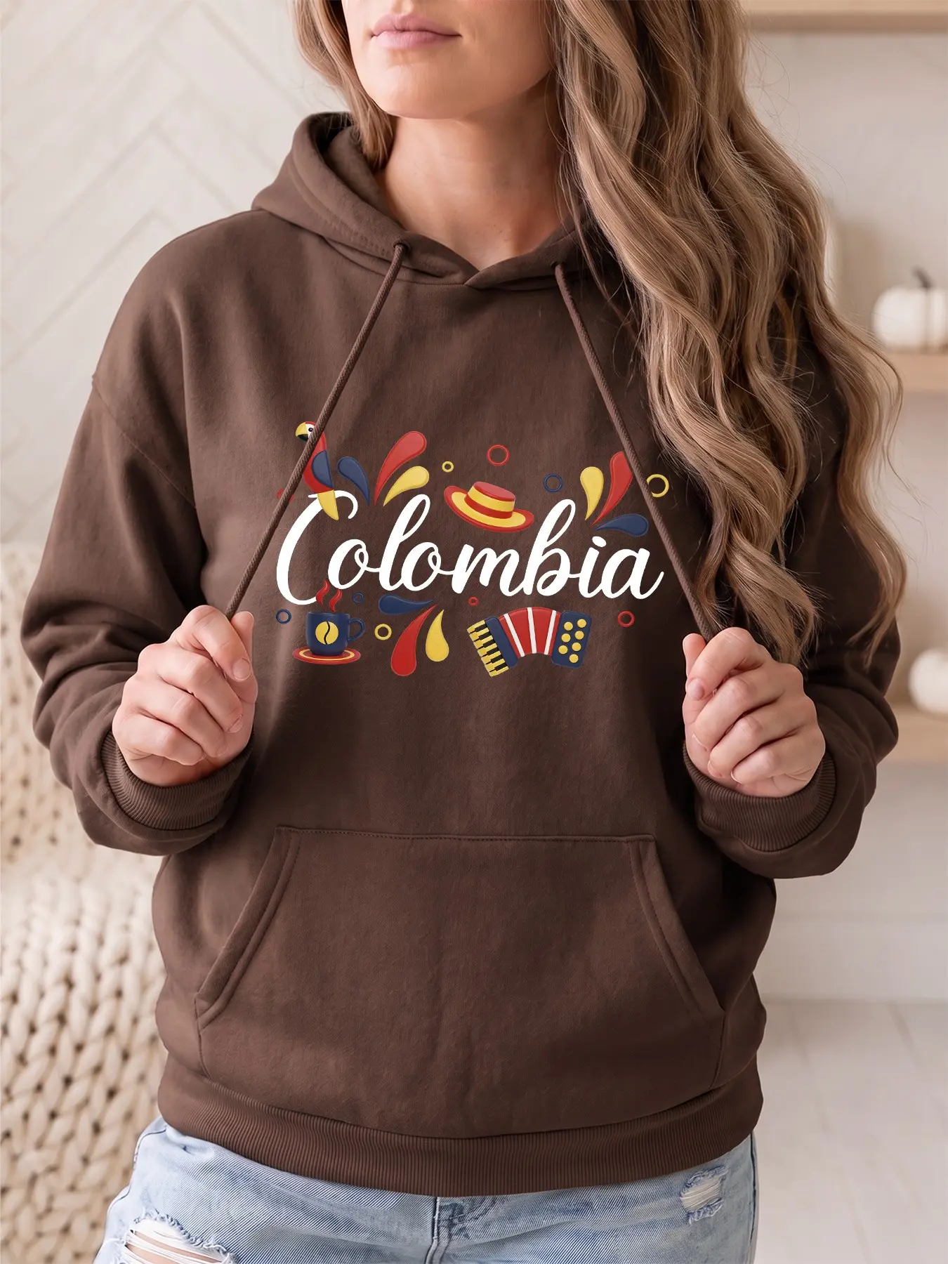 Women's Fashion Hooded Sweatshirt, Colombia Letter Print, Drawstring Kangaroo Pocket, Fall Winter Casual Sports Top, Perfect for Parties