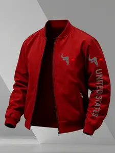 Men's Zip Up Bomber Jacket, Double Side Longhorn Bull Skull & Vertical "UNITED STATES" Letter Print Lightweight Windproof Casual Street Outerwear, Western Style Stand Collar Coat #BullSkullBomber #WesternStreetwear #UnitedStatesPrint #ZipUpWindbreaker #Ti