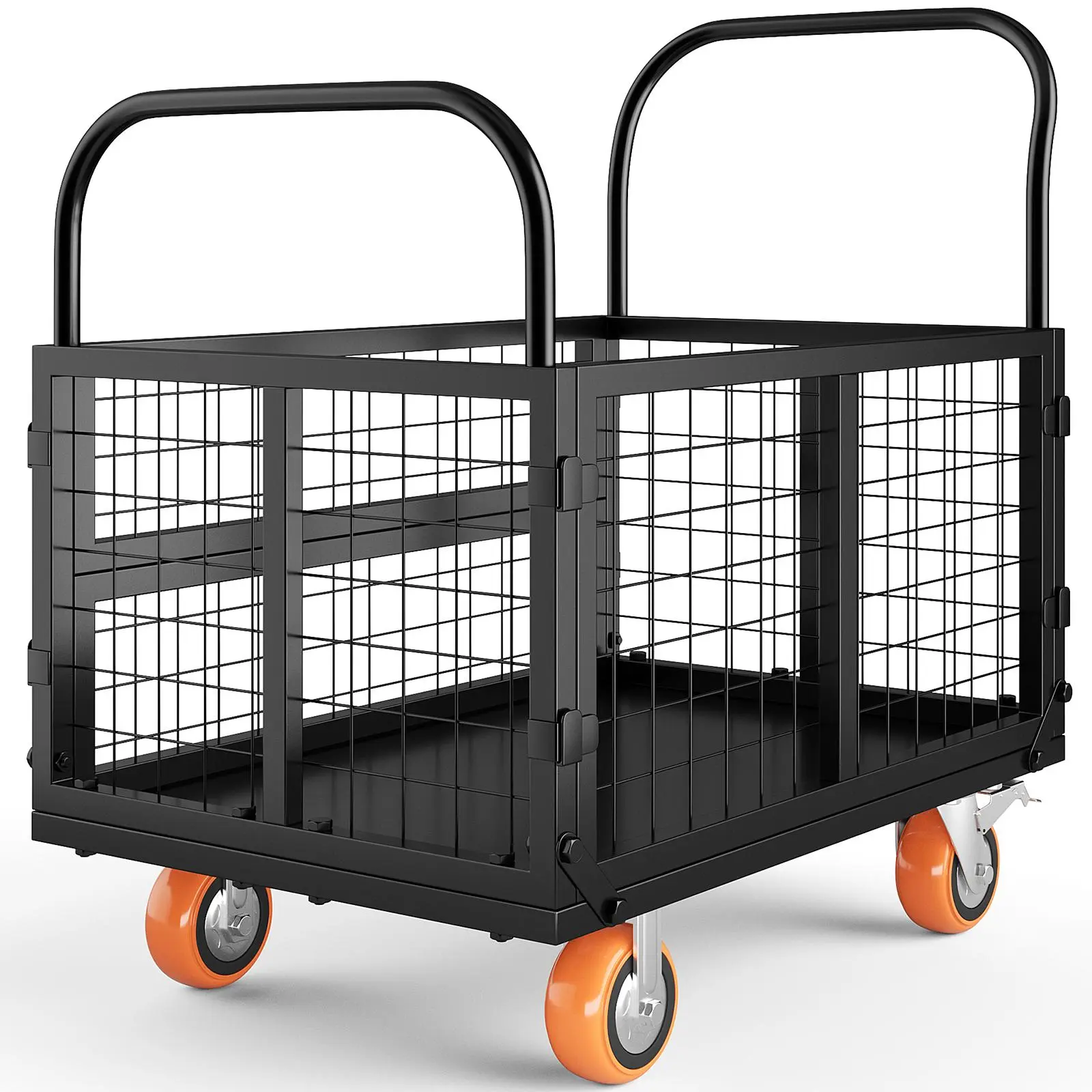 Heavy Duty 6-in-1 Collapsible Work Cart - 1800 lbs Capacity Folding Rolling Trolley, Portable Cart with Removable Folding Cage, 4 Swivel Brake Wheels, Ergonomic Handles, 39x26x42in for Commercial Delivery, Moving