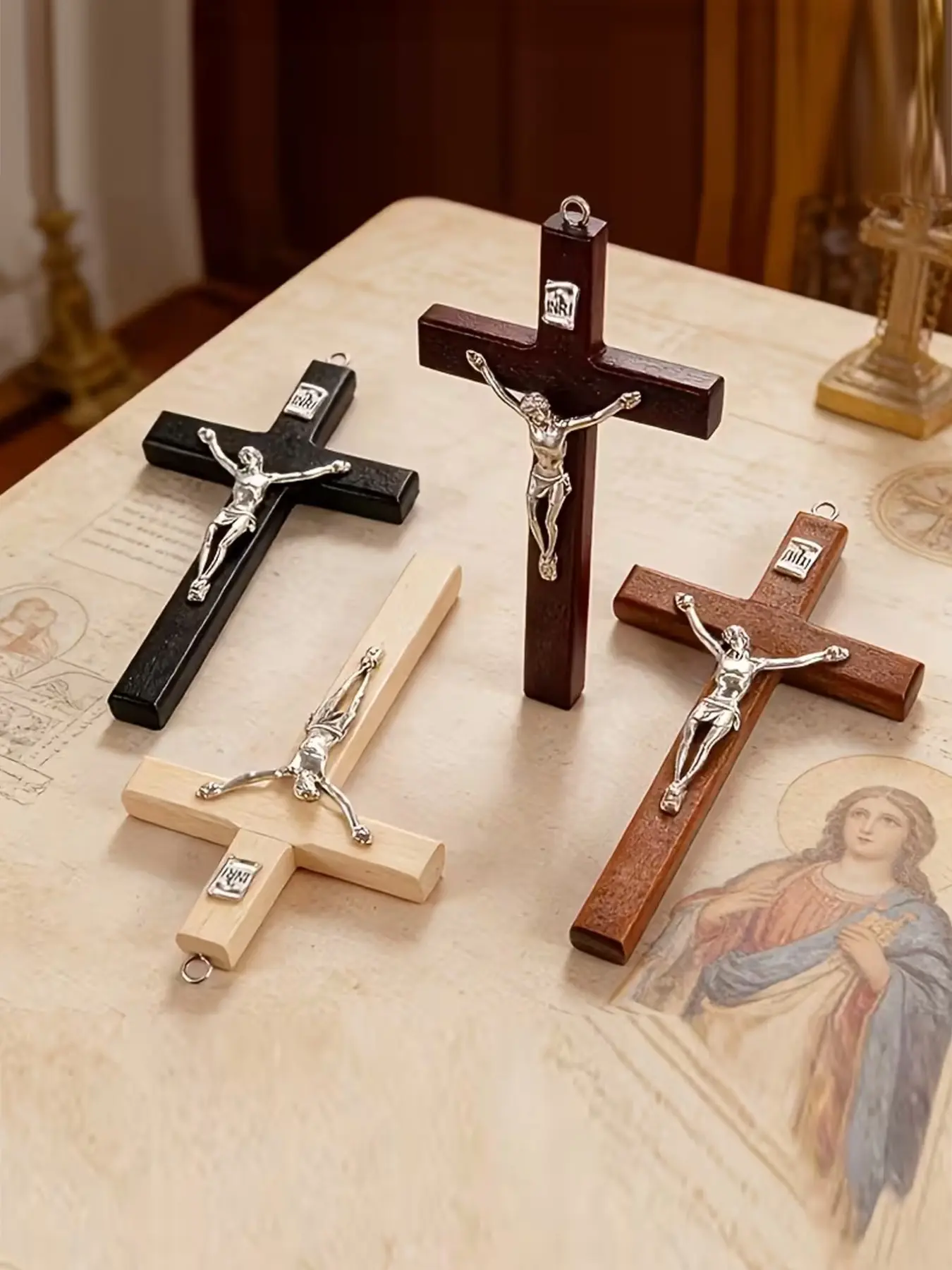 Set of 4 Small Wall-Mounted Crosses, Random Styles, Wooden Crucifix Pendants, Catholic Religious Decor, Home Spiritual Accessories