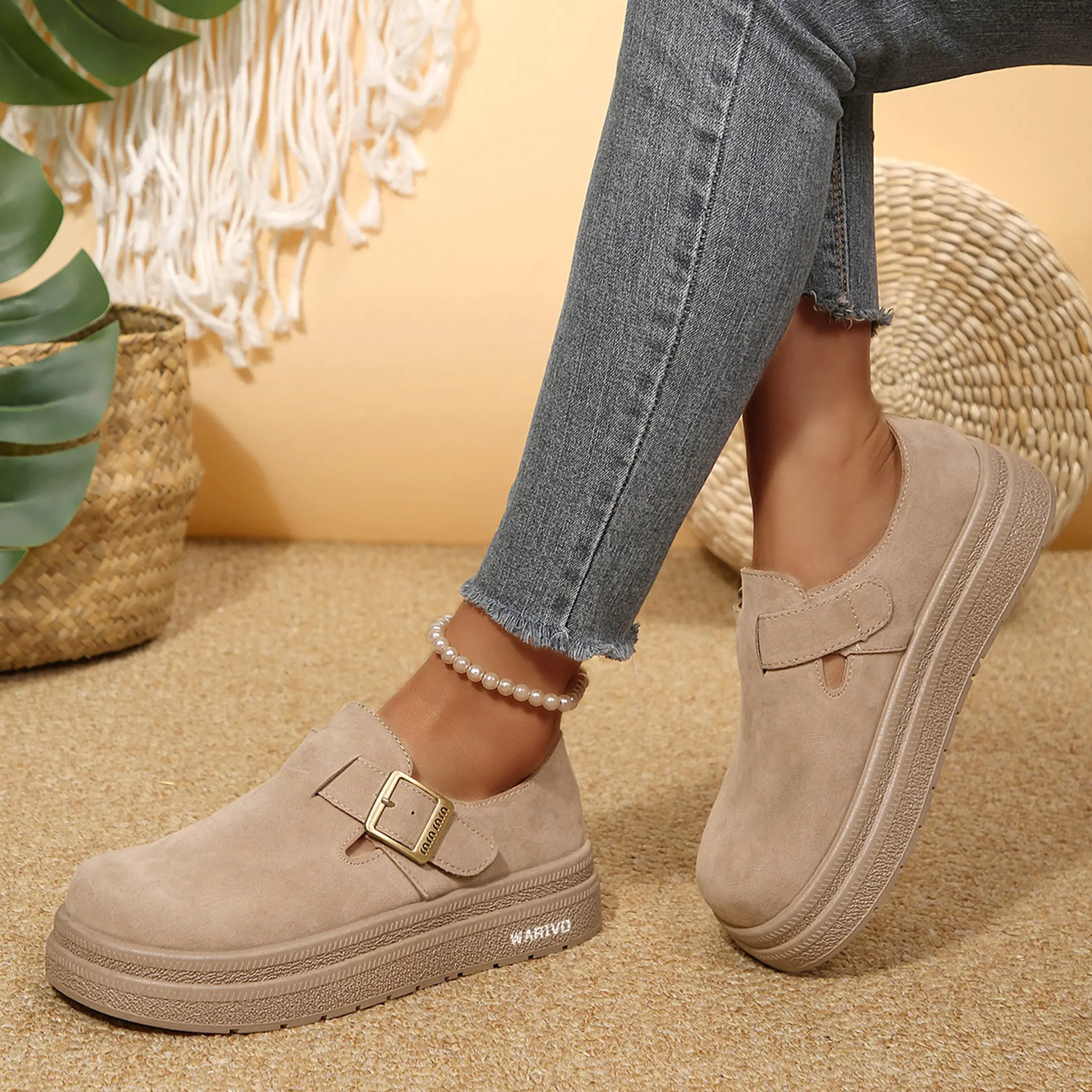 Women's Loafers Suede Chunky Platform Loafers Potato Shoes Versatile Casual Shoes