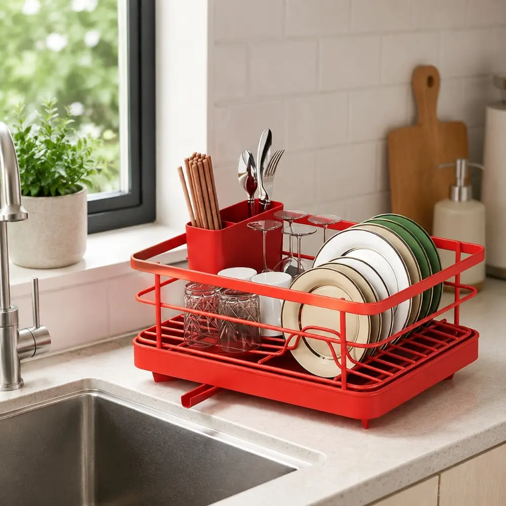 Large Capacity Standing Metal Dish Drying Rack with Drainage Tray, 360° Rotatable Drain Spout, Detachable Plastic Utensil Holder, Compartment Organizer for Kitchen Sink Countertop Plates & Cups
