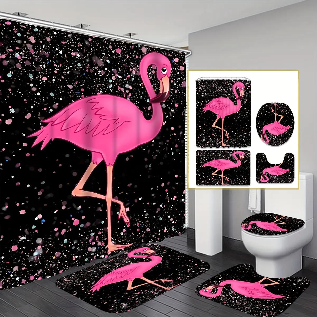 4-Piece Shiny Diamond Red Flamingo Pattern Shower Curtain Set with 12 Hooks, Non-Slip Bathroom Rug, U-Shaped Toilet Seat, Toilet Seat Mat, Decorative Bathroom Accessories