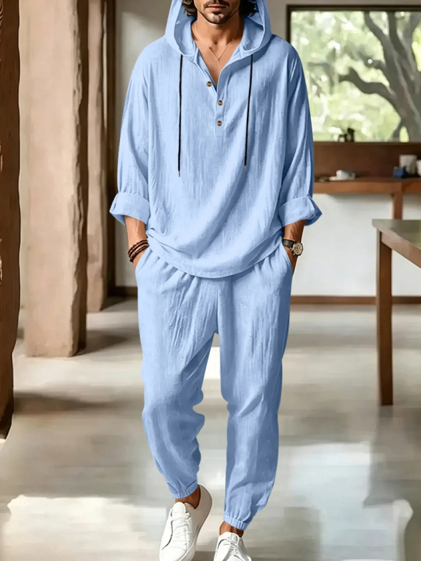 Quiet Luxury Lightweight Anti-Wrinkle Loose Linen Co Ord Set Men Hooded Half Button Long Sleeve Top & Cuffed Jog Pants Outdoor Resort Daily Casual Loungewear Matching Suit