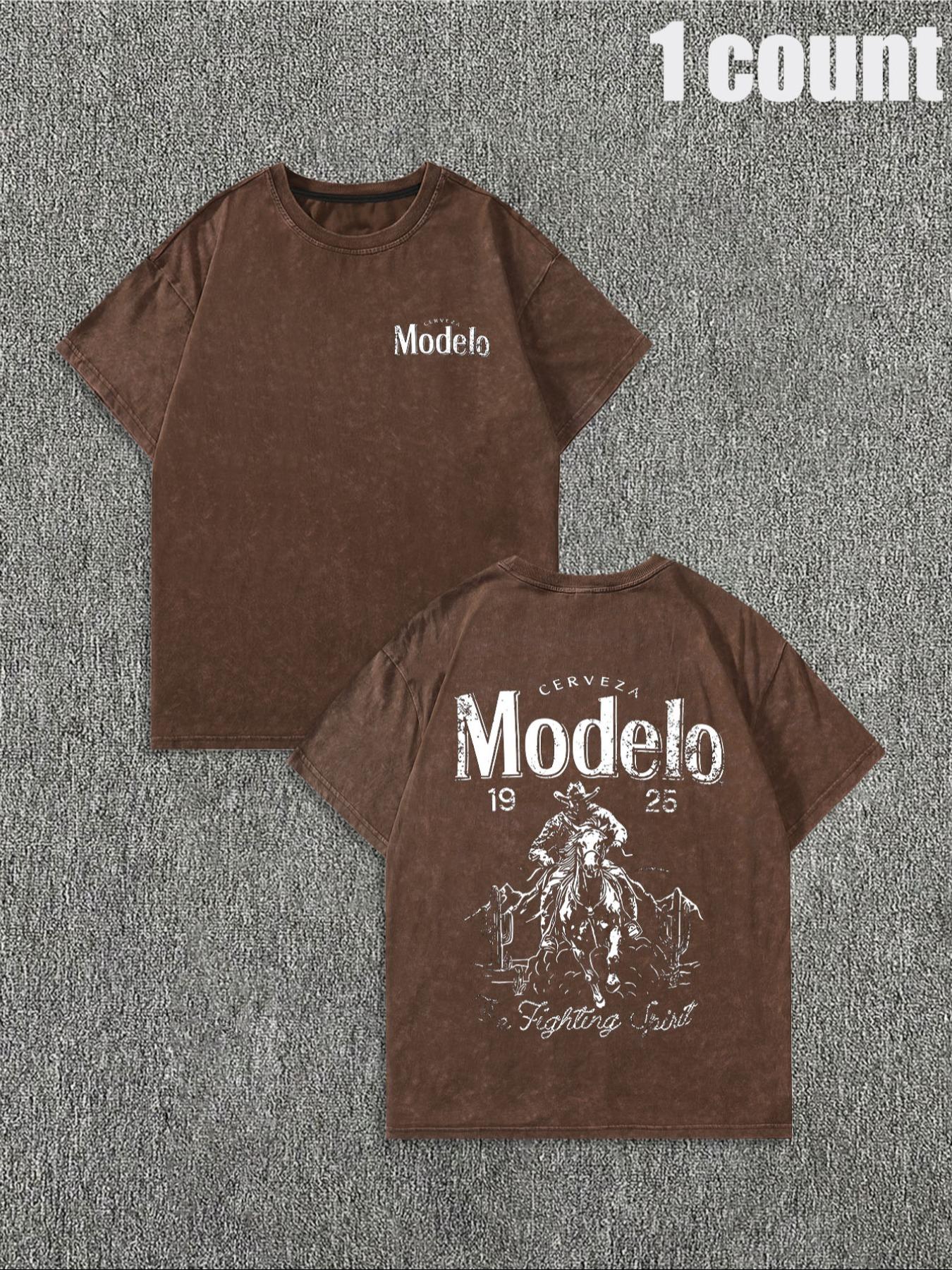 Men's Vintage Letter & Cowboy Print Casual Graphic Design Short Sleeve Tee, Casual Loose Retro T-shirt for Daily Wear, Menswear for All Seasons, Men's Graphic Tees