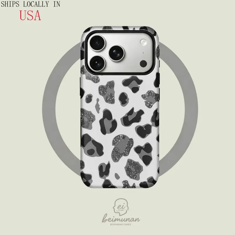 [MagSafe Case]This gray-black animal print leopard glitter case is a trendy, durable 2-in-1 protective case, compatible with MagSafe, and works with iPhone 17/16/15/14/13/12/11 Pro Max/Plus/Pro. A simple and stylish phone case, it makes a perfect birthd