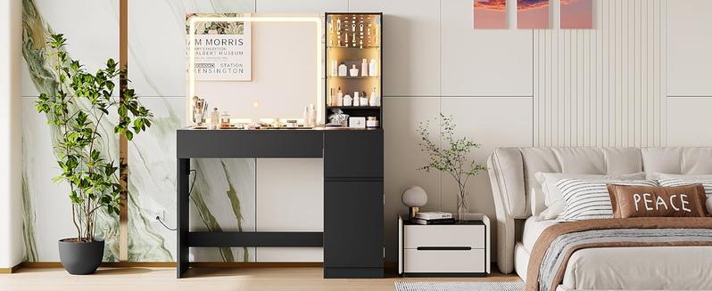 wanan 41" Vanity Desk with Glass Top, Black Vanity with Mirror and Lights, Power Outlet, Jewelry Storage, 3 Adjustable Lighting Modes, Makeup Vanity with 2 Drawers for Bedroom