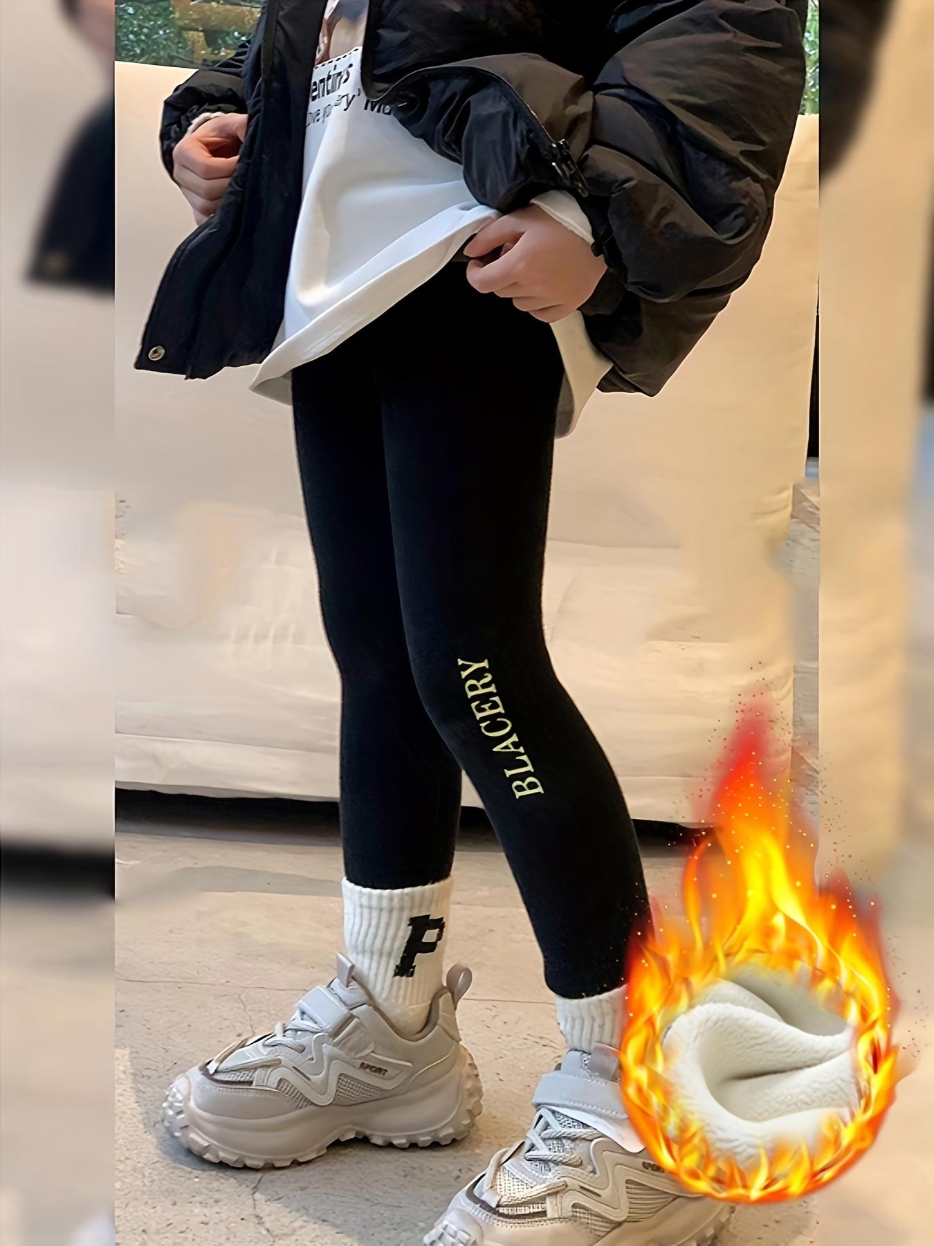 Cozy Fleece-Lined Girls' Leggings - Stretchy, Warm Winter Pants with Letter Print for Youngsters