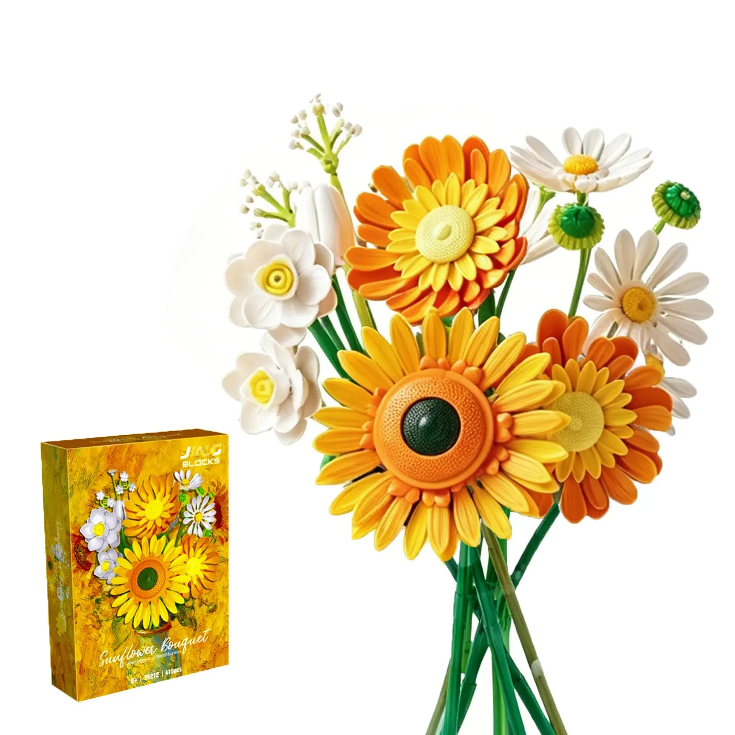 Sunflower Building Blocks Bouquet, 415 Pieces Sunflower Plant Series, DIY Preserved Flower Model, Home Decor, Gift for Plant Lovers