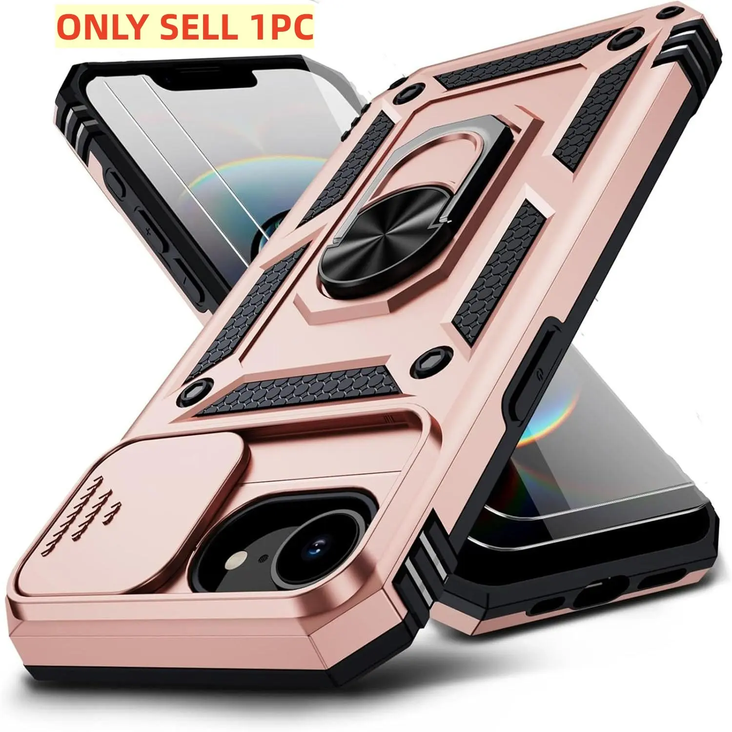 1PCS Phone Case: Compatible with iPhone 17E 16E 8 7 Back Cover, Featuring Sliding Camera Lens Cover and Rotatable Ring Holder, Heavy-Duty Protective Shock-Absorbing, Shockproof, Sturdy, Durable