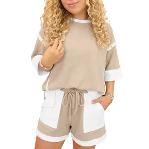 Women's 2 Piece Lounge Sets Matching Outfits Oversized Color Block Patchwork Raw Edge Tee Drawstring Loose Shorts 2pcs Set