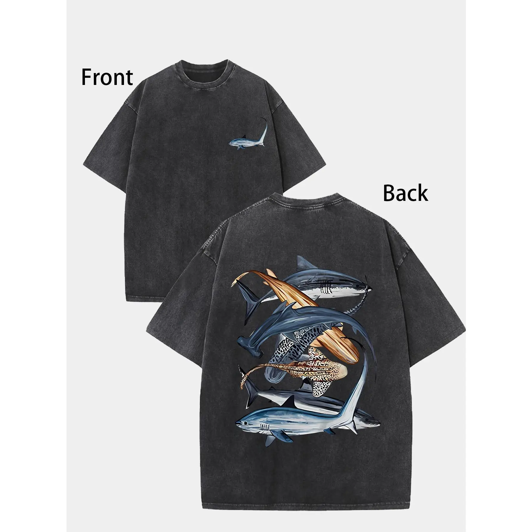 Washed Breathable Cotton Shark Graphic T Shirt Unisex Crew Neck Light Brown Short Sleeve Summer Casual Top Machine Washable Daily Comfort Streetwear Apparel
