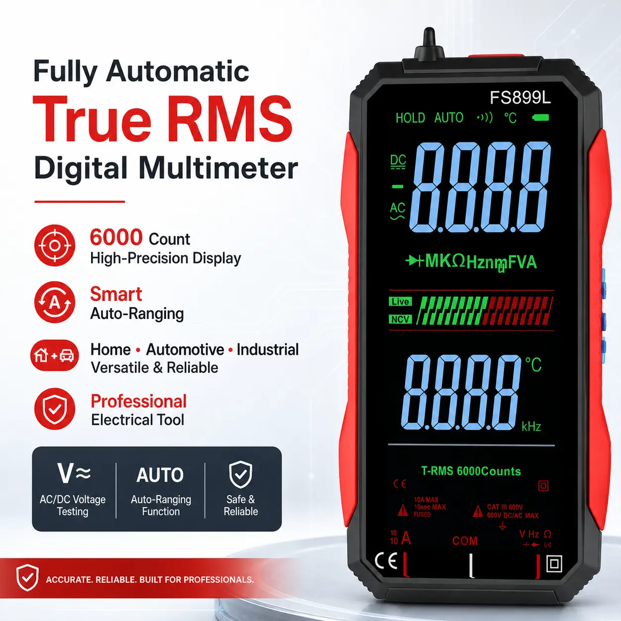 Fully Automatic True RMS Digital Multimeter with 6000-Count High-Precision Display, Smart Auto-Ranging Voltage Tester for Home Electrical Repairs, Automotive Diagnostics, Industrial Maintenance and Professional Use