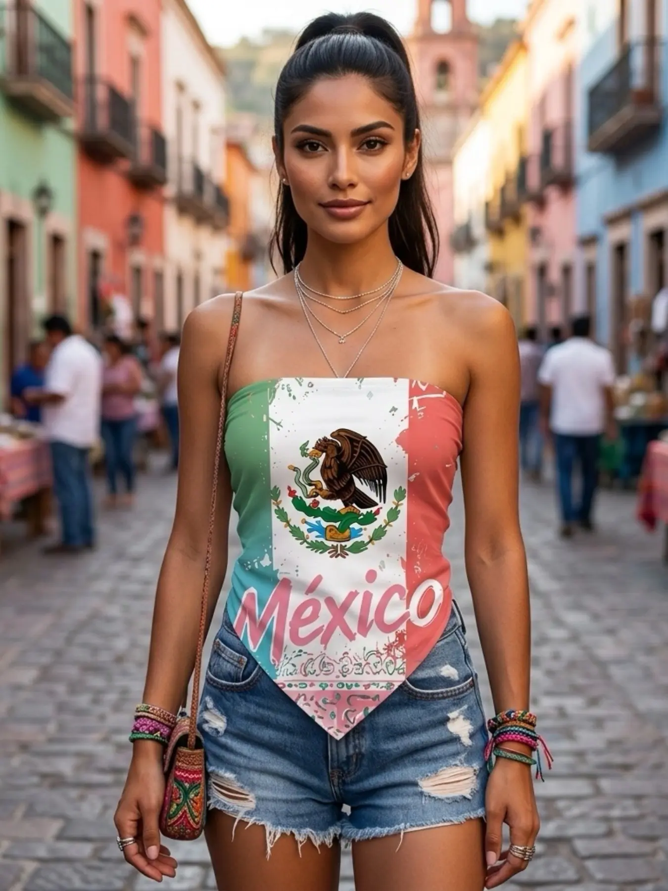 【Mexican Culture】 Scarf Shawl Wrap with Vintage Flag, Eagle Emblem and Mérida Typography - Artistic National Heritage Design for Patriotic Celebrations, Cultural Events and Festive Gatherings
