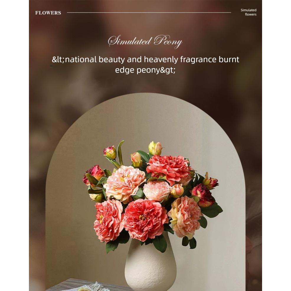 High-Quality Chinese Style Artificial Peony with Burnt Edges, Silk Flowers for Home Decoration and Photography Props