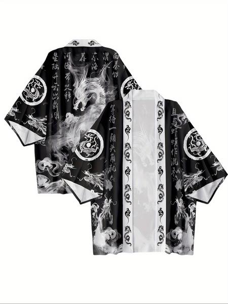 Men's Hanfu Open Front Cardigan, Loose Fit Lightweight Breathable Kimono Style Shirt, Japanese Dragon Print Streetwear Casual Wear